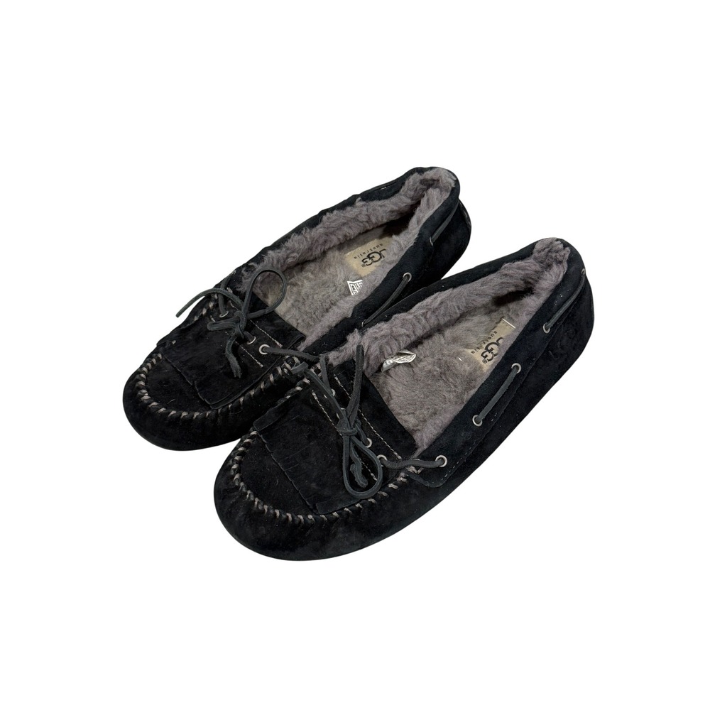 UGG Mandi Black Suede Moccasin Slippers Womens 9 Sheepskin Lined‎ fringe